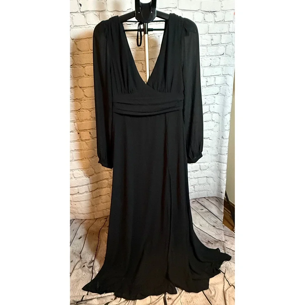 Lulus Black V-Neck Long Sleeve Open Back Maxi Dress Gown Size Large - Picture 2 of 4